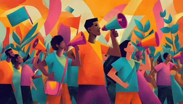 Colorful Crowd with Megaphones in a Vibrant Protest Scene