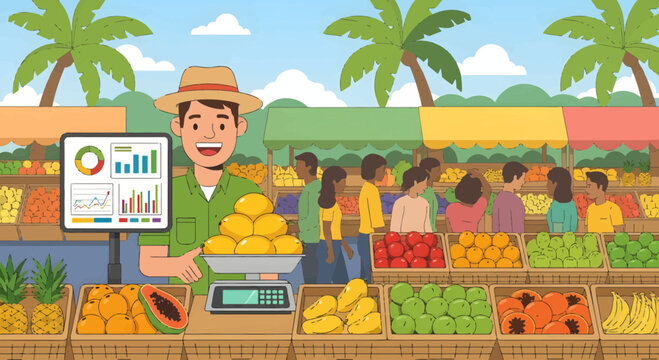 Smiling male vendor selling fresh produce at a vibrant market stall.