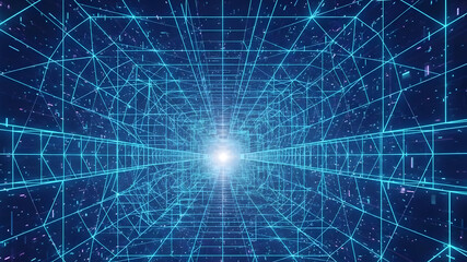 Obraz premium A futuristic network grid converges towards a radiant light source at the center, emitting a sense of technological advancement and global connectivity from a forward perspective.
