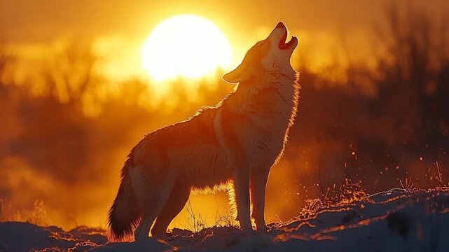 A majestic wolf howls at sunset, silhouetted against the golden light, with a bird soaring above.