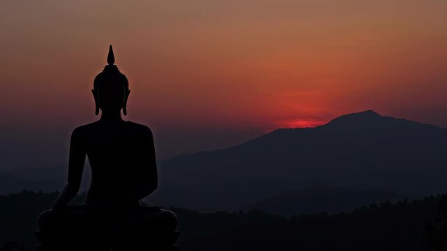 Large buddha statue meditating in mountains as bright sunset fades into illuminated night, revealing glowing golden figure