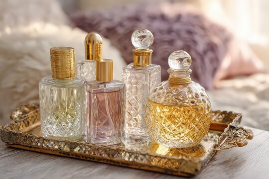 Collection of elegant crystal perfume bottles with golden caps displayed on an ornate vintage tray. Soft natural light and cozy bedroom background