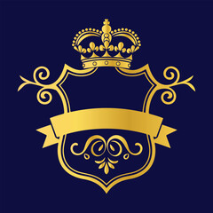 Golden Crest with Crown and Ribbon on Dark Blue Background shield royal