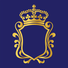 Obraz premium Golden Shield with Crown and Ornate Flourishes on Dark Blue Background royal emblem