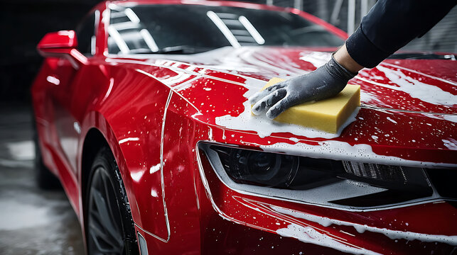 Red sports car getting washed with water, highlighting car care and detailing
