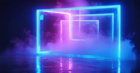 Neon rectangles glow within dark space. Fog creates mysterious atmosphere, reflections shimmer on wet surface. Futuristic portal design.