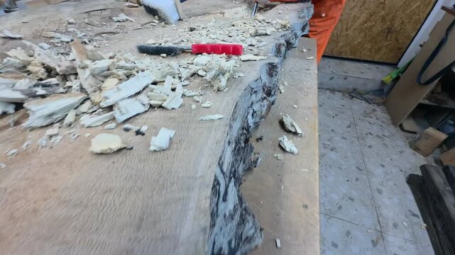 A carpenter in overalls chiselling a wooden slab in a carpentry workshop. A working man. Tools, chisel, mallet. Woodworking. Sawdust, wood chips. Real people. Lifestyle, Authentic, Candid
