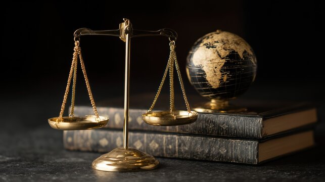 Golden Scales of Justice with Globe and Books on Dark Background - Symbolizing Legal Balance and Global Perspective