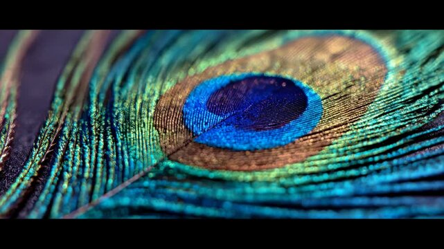 Close-up view of a vibrant peacock feather showcasing intricate patterns and colors, highlighting the iridescent blue and green hues against a dark background