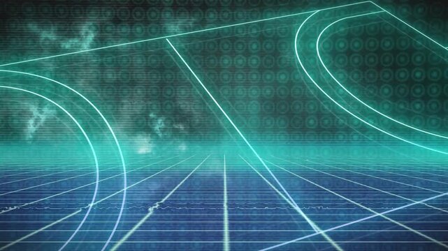 Cyan strokes appearing from horizon, neon rectangle sweeping left and rotating, forming interface