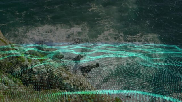 Breaking waves starting cyan dotted grid sweeping over rocky nearshore, showing surf patterns