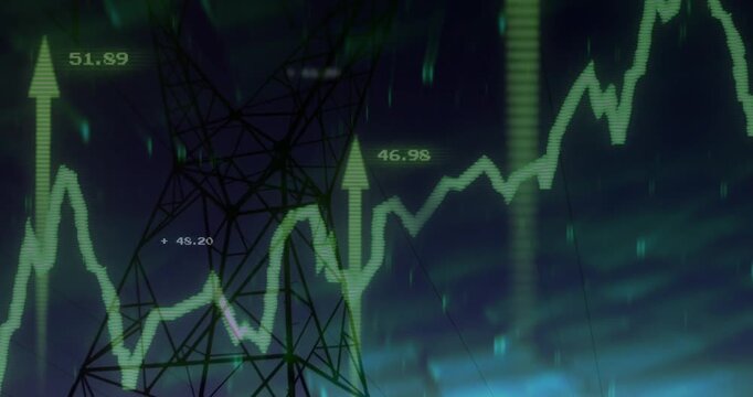Line chart fading in over steel tower moving with rising arrows numbers updating to show energy