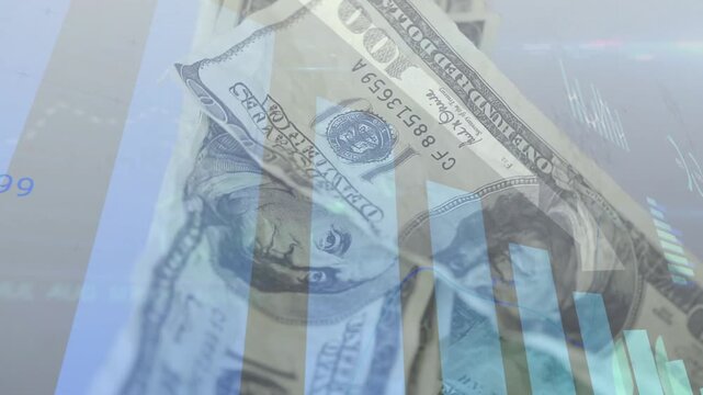 Downward arrow sweeping, US$100 bill fading, rotating, stacking, obscuring blue chart, showing loss