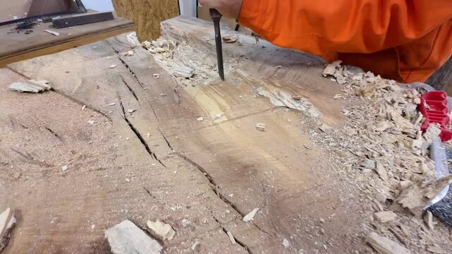 A carpenter in overalls chiselling a wooden slab in a carpentry workshop. A working man. Tools, chisel, mallet. Woodworking. Sawdust, wood chips. Real people. Lifestyle, Authentic, Candid
