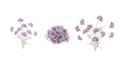 Fototapeta premium A set of purple flowers on a white background