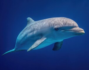 Fototapeta premium A sleek dolphin swims gracefully in deep blue waters, captured in a side profile shot