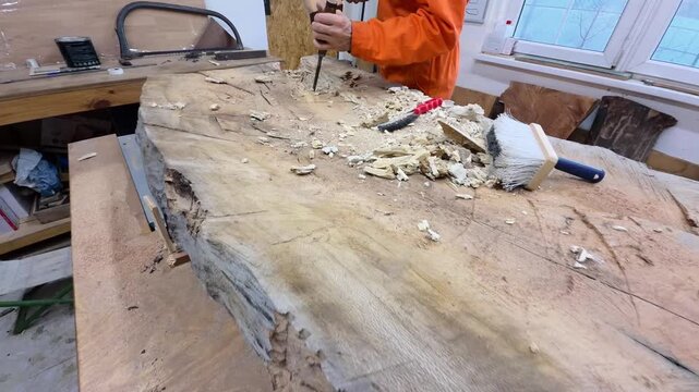 A carpenter in overalls chiselling a wooden slab in a carpentry workshop. A working man. Tools, chisel, mallet. Woodworking. Sawdust, wood chips. Real people. Lifestyle, Authentic, Candid
