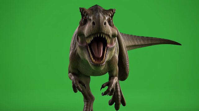 A fierce Tyrannosaurus rex runs forward with its mouth open on a green screen