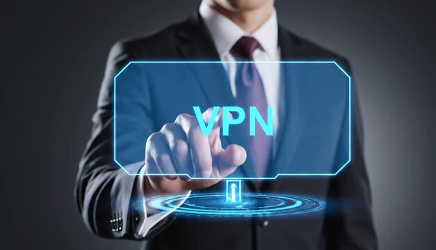 Businessman pressing a virtual VPN button on a futuristic holographic screen. Concept of secure remote access and corporate data protection in a digital environment.