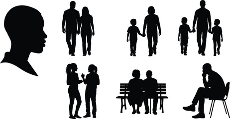 Silhouette family groups, couples walking, parents children holding hands, people talking, sitting together, thoughtful pose, lifestyle diversity, unity, love, community bonds illustration design