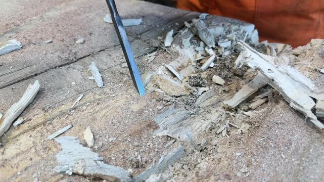 A carpenter in overalls chiselling a wooden slab in a carpentry workshop. A working man. Tools, chisels, and gouges. Woodworking. Sawdust, wood chips. Real people. Lifestyle, Authentic, Candid