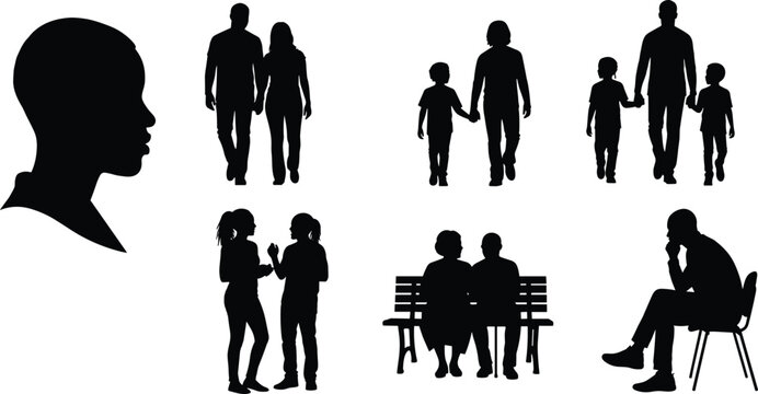 Silhouette family groups, couples walking, parents children holding hands, people talking, sitting together, thoughtful pose, lifestyle diversity, unity, love, community bonds illustration design