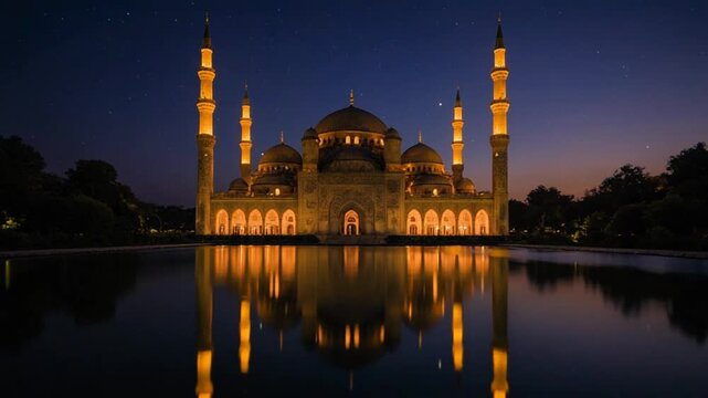 A majestic mosque with illuminated lights reflecting on a serene lake at dusk, surrounded by trees, possibly for travel or architecture use