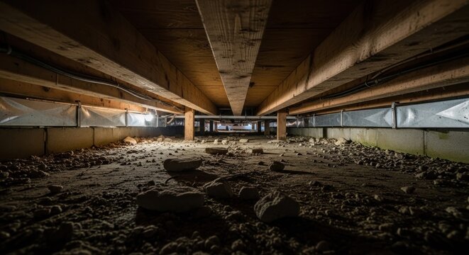 Low-angle view of a crawl space beneath a wooden structure, showing beams & ground debris