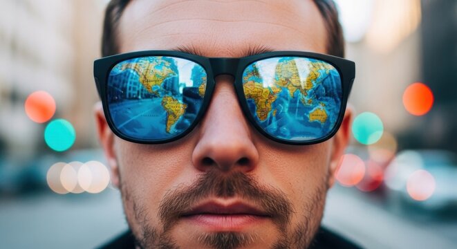 Man's face reflects a city and a world map in sunglasses, with a blurry background