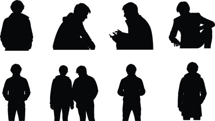 Silhouette people sitting, standing, leaning, conversation, thoughtful pose, companionship, lifestyle diversity, unity, social interaction, posture study, community bonds illustration design