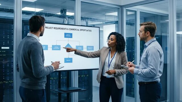 Three professionals discuss a flowchart on a digital display inside a modern server room They appear engaged in a business meeting