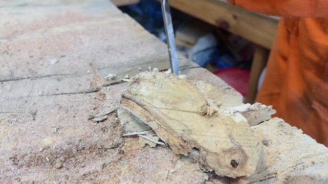 A carpenter in overalls chiselling a wooden slab in a carpentry workshop. A working man. Tools, chisels, and gouges. Woodworking. Sawdust, wood chips. Real people. Lifestyle, Authentic, Candid
