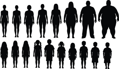 Diverse group of people silhouettes including men women and children of all ages and body sizes standing in rows for community diversity
