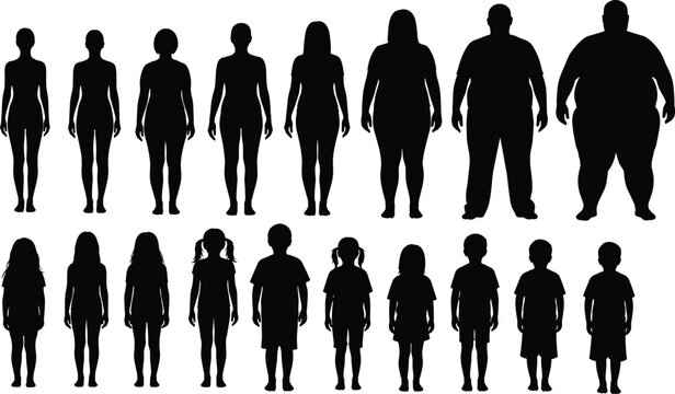 Diverse group of people silhouettes including men women and children of all ages and body sizes standing in rows for community diversity