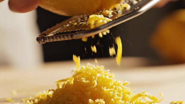 Close-up of a person grating fresh lemon zest with a microplane grater, creating a pile of yellow zest on a wooden surface.