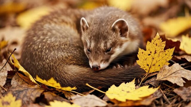 A small brown weasel sleeps soundly curled in a bed of colorful autumn leaves showcasing its natural habitat and peaceful slumber