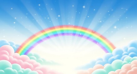 Fototapeta premium Vibrant rainbow arching over soft fluffy clouds against bright blue sky with stars shining from behind a radiant beam of light