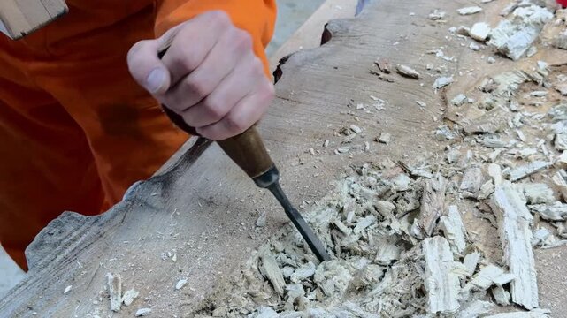 A carpenter in overalls chiselling a wooden slab in a woodworking shop. A person working. Tools, chisel, mallet. Woodworking. Sawdust, wood chips. Real people. Lifestyle, Authentic, Candid