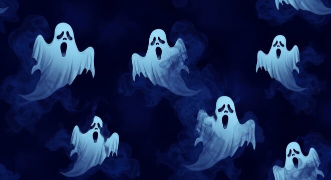 A chilling assembly of numerous translucent spectral figures wailing and hovering eerily against a deep, smoky indigo backdrop, creating a mysterious and spooky ambiance for Halloween