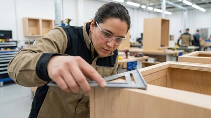 Fototapeta premium Focused adult inspecting cabinet alignment with measuring square in workshop