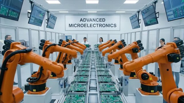 Advanced microelectronics manufacturing facility with robotic arms assembling circuit boards in a high-tech industrial environment from a futuristic perspective view