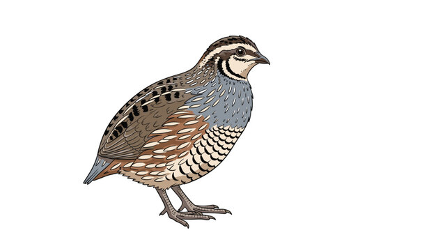 Detailed illustration of a common quail with brown and grey speckled feathers standing against a plain white background.