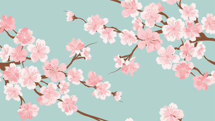Beautiful pattern of pink cherry blossom flowers on brown branches scattered across a light turquoise blue background.