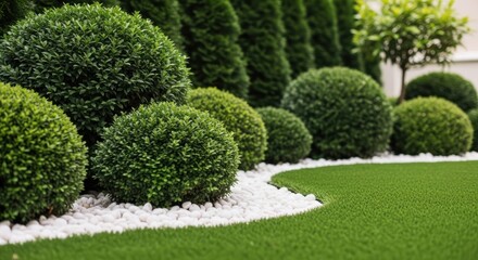 Lush green, trimmed shrubs, and verdant grass with white stones creating a manicured garden