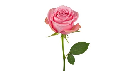 Fototapeta premium A single pink rose with green leaves on a long stem viewed from the front in a close-up shot