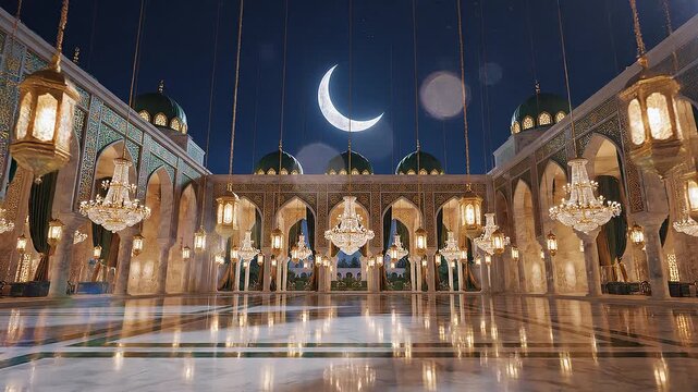 Luxurious Eid celebration night scene inspired by royal Middle Eastern palace, grand mosque courtyard with marble floors, golden lanterns, sparkling crystal chandeliers, crescent moon glowing in deep 