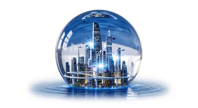 A glass sphere reflects a cityscape with tall buildings and skyscrapers standing in water with ripples and a blue sky
