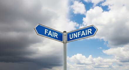 Signpost points to "Fair" and "Unfair" under dramatic sky