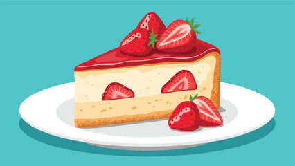Tempting slice of strawberry cheesecake served on a white plate with fresh fruit toppings and pieces against a bright blue background.