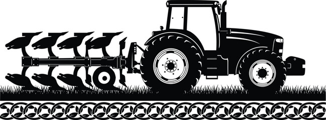 Agricultural tractor with plow silhouette vector illustration farming machinery working on field soil cultivation rural landscape design © MdTajemul